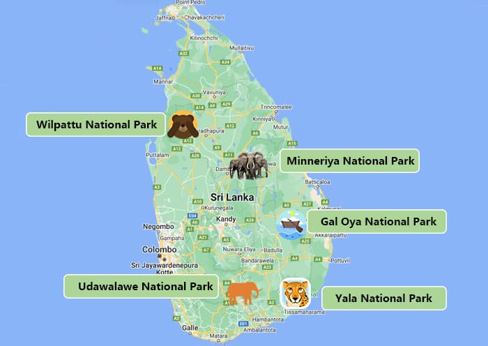 Map of Sri Lanka showing locations of major national parks and wildlife zones